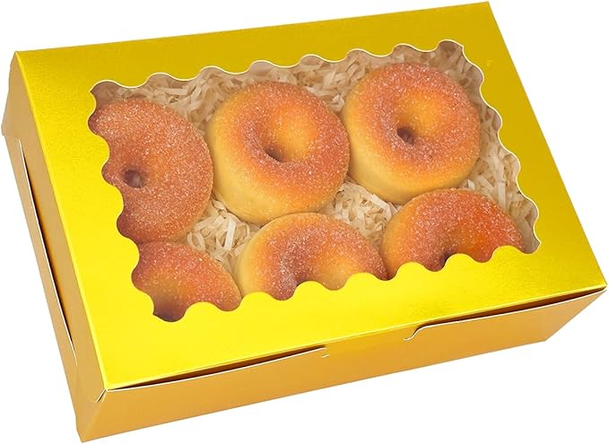 qiqee 50Pcs Gold Cookie Box with Window 9x6x2.5 inch Pastry Macaron Bakery Box For Packaging