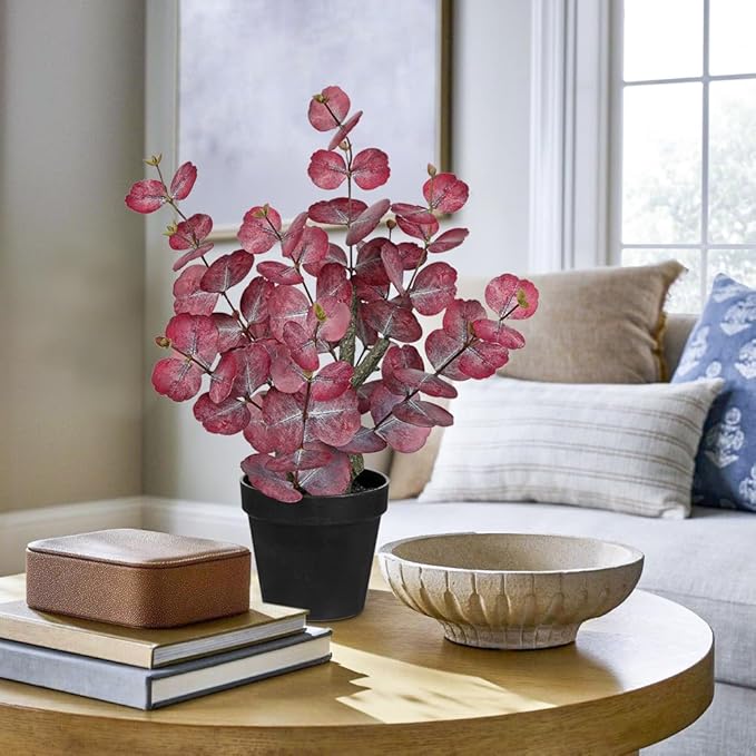 Artificial Plants Indoor with Pot, 18" Tall Faux Plants Indoor Silk Plant, Fake Potted Plant Small Eucalyptus Tree for Living Room Bathroom Kitchen Farmhouse Office Desk Table Shelf Decor, Red