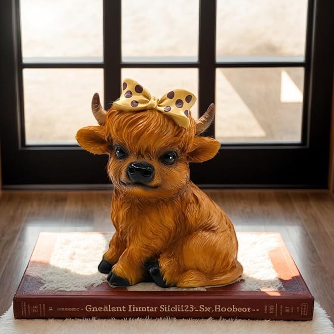 Highland Cow Figurine for Tie a Bow Decor, Highland Cows Themed Gifts for Women, Resin Figures Home Desk Decorations Accents (Brown) (1, Highland Cow Figurine(Brown))