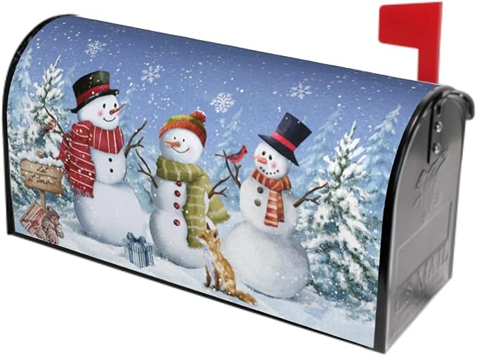Winter Blue Mailbox Covers Magnetic Standard Size 18 x 21 Inch Snowman Tree Fox Bear Letter Box Cover Outdoor Mail Wraps Cover for Garden Home Yard Decor