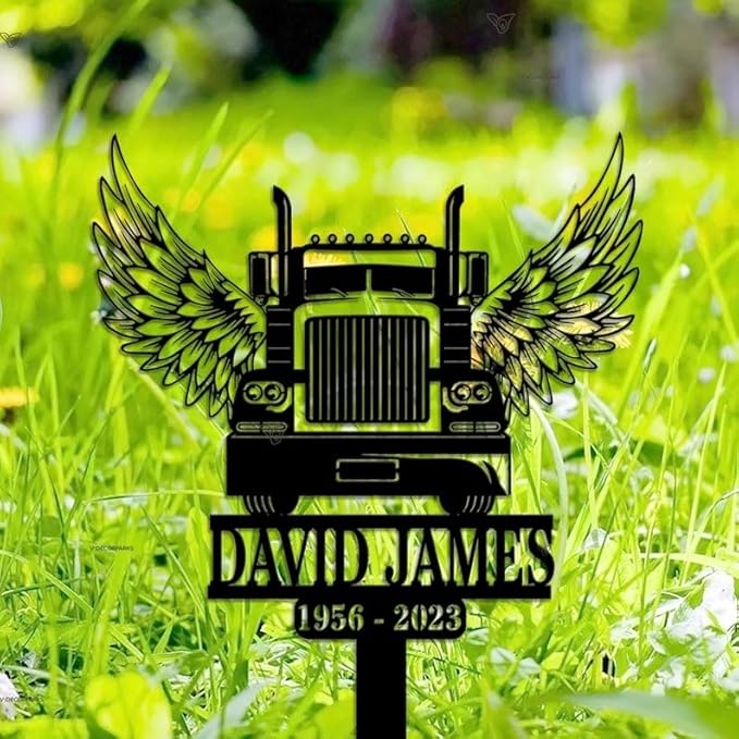 Custom Semi Truck Driver Memorial Stake – Personalized Trucker Angel Wings Grave Marker, Sympathy Sign, Remembrance Stake (Truck Driver Memorial)