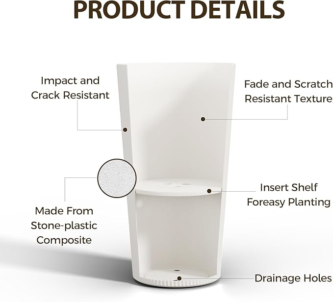 Tall Outdoor Planter Front Porch Decor Set of 2-23.6" H Tall Planters for Outdoor Plants with Drainage Hole, Round Conical Design Flower Pots for Indoor/Patio/Garden, White