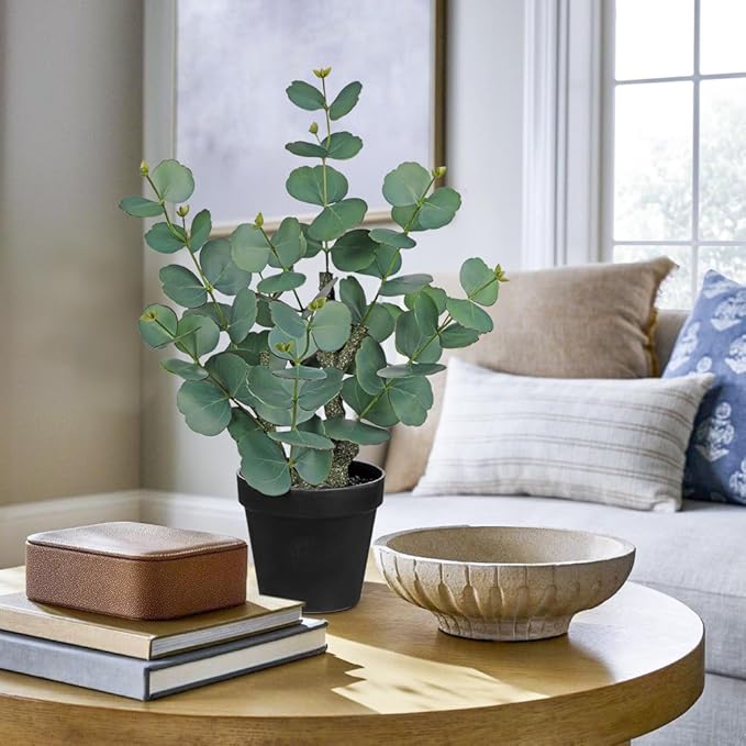 Artificial Plants Indoor with Pot, 18" Tall Faux Plants Indoor Silk Plant, Fake Potted Plant Small Eucalyptus Tree for Living Room Bathroom Kitchen Farmhouse Office Desk Table Shelf Decor, Green
