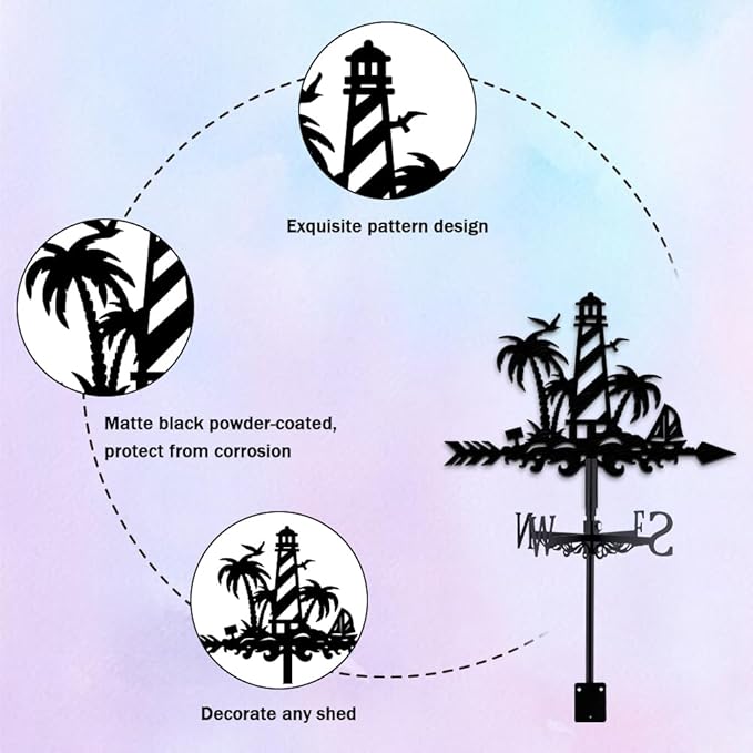 Lighthouse Weathervane Metal Wind Vane Shorelines Palm Tree Garden Decoration Direction Indicator Stake Mount Ornament for Farmhouse Yard Roof Outdoor