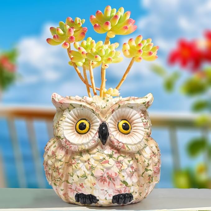Pink Owl Planter, Cute Owl Statue Decor, Succulent Plant Pots, Decorative Flower Pot, Animal Bird Planters, Indoor Plant Pot for Home Garden Windowsill, Funny Gifts for Smart Women Mother Teacher