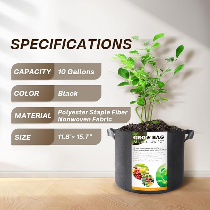 10 Packs 10-Gallon Grow Bags,Heavy-Duty Thickened Non-Woven Fabric,for Planting Plants, Suitable for Indoor, Outdoor, Garden and Underground.