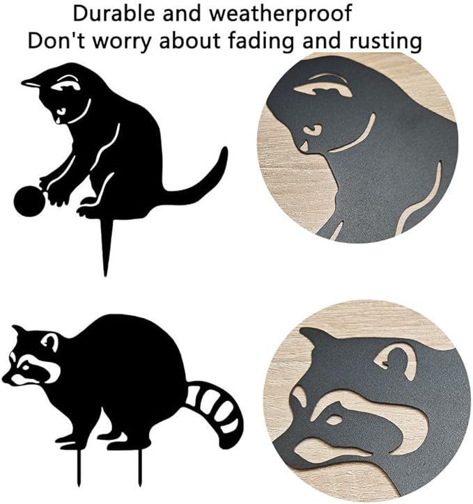 2 Pack Black Cat & Raccoon Garden Stakes, Metal Yard Art for Outside, Decorative Silhouette Statues for Garden, Lawn, Patio, Cute Outdoor Animal Ornaments (Cats and Raccoons)