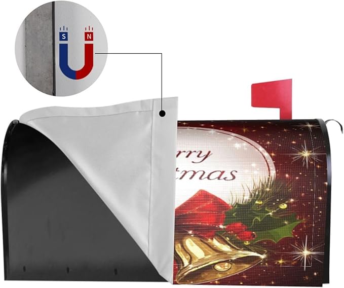Festive Magnetic Mailbox Cover Christmas Bell Pattern Outdoor Mailbox Protector Holiday Seasonal Decorative Garden Yard Home Standard Size 21 x 18 Inch