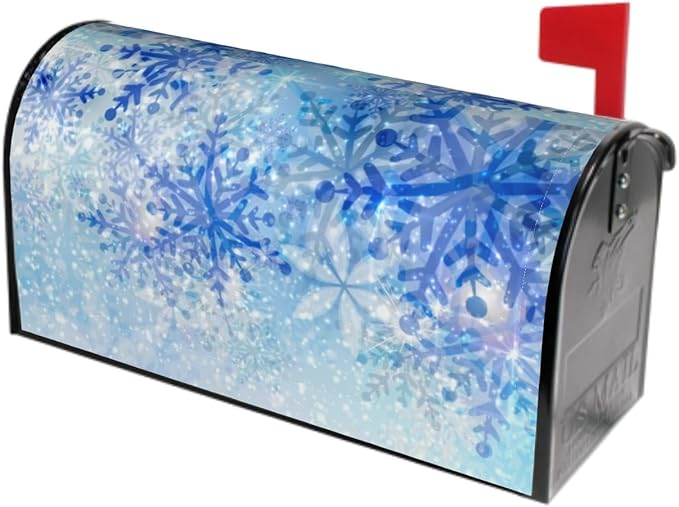 Winter Snowflakes Mailbox Cover Magnetic, Xmas Blue White Falling Snow Waterproof Mailbox Wrap Post Cover for Yard Garden Outside Home Seasonal Decor, Standard Size 21x18 Inch