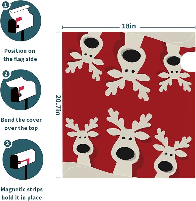 Dark Red Christmas Mailbox Covers Magnetic Standard Size Cute Xmas Deer Print Mailbox Wraps Winter Holiday Themed Outdoor Decorative Letter Box Cases for Home Garden Outside Decor, 21x18 Inch