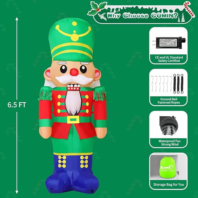 COMIN 6.5FT Christmas Inflatable Nutcracker Soldier Blow-Up Yard Decoration with LED Lights Xmas Holiday Décor for Outdoor Lawn Garden