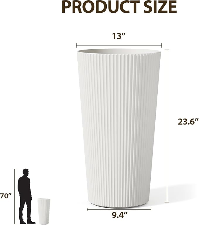 Tall Outdoor Planter Front Porch Decor Set of 2-23.6" H Tall Planters for Outdoor Plants with Drainage Hole, Round Conical Design Flower Pots for Indoor/Patio/Garden, White