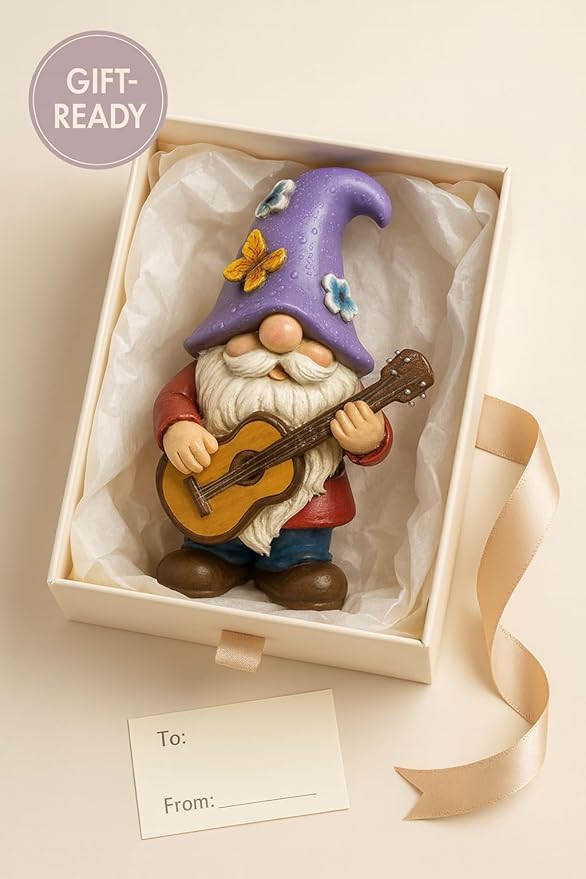 Musical Gnome Figurine with Guitar – Handcrafted Resin Garden or Shelf Decoration, 6.2" Tall Whimsical Gnome Statue with Purple Hat, Flowers & Butterfly, Gift for Music Lovers (Purple)