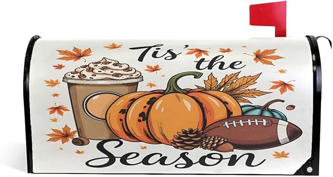 Fall Autumn Maple Leaf Pumpkin Football Magnetic Mailbox Cover MailWraps Garden Yard Home Decor for Outside Oversized-25.5" x20.8"