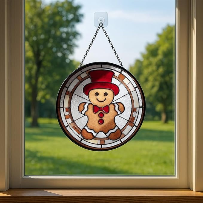 Stained Glass Window Hanging – 7.8 in Gingerbread Man Panel with Chain， Bathroom Front Door Living Room Garden Decor， Christmas for Mom Wife Lovers