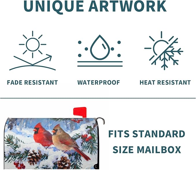 Winter Christmas Cardinal Mailbox Covers Magnetic Standard Size Pinecone Holly Twig Bird Snow Scene Holiday Outdoor Decorative Seasonal Letter Box Cases for Home Garden Outside Decor, 21x18 Inch