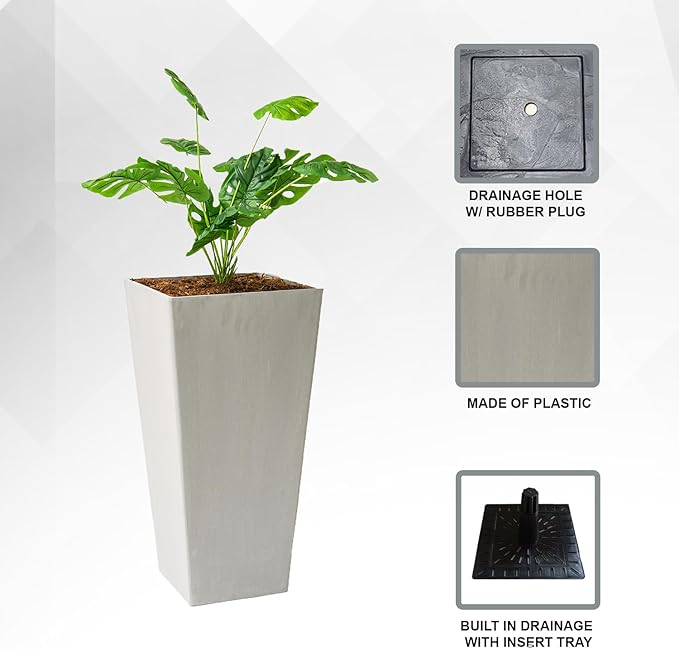 XBrand Modern 30-Inch Tall Square Planter, Tapered, Indoor & Outdoor, Patio Decor, Gray