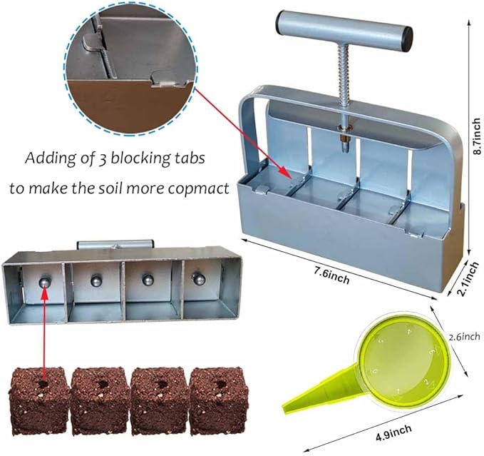 Handheld Soil Blocker Tool Kit - 4 Cell Heavy Duty 2 Inch Seed Starter Block Maker for Seedlings, Cuttings, Greenhouses and Gardens (Ergonomic Design, Durable Metal Construction)