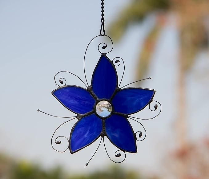 Forget-me-not Stained Glass Window Hangings, Forget Me Not Flower Suncatcher for Window,Stained Glass Flowers, Birthday Gifts for Women and Flower Lovers (Blue)