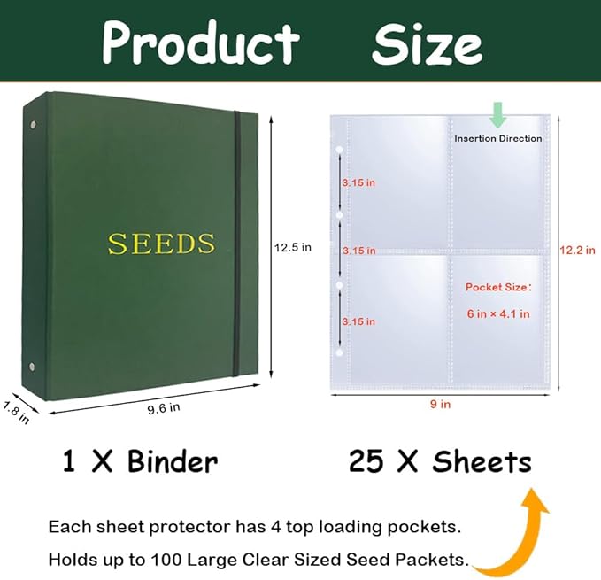 Seed Storage Organizer Binder, Seed Packet Organizer with 100 Clear Pockets(25 Pack Sheet Sleeves), Garden Seed Holder Book for Seed Envelopes Card, Plant Seed Saver, Flower Seed Keeper(A4)
