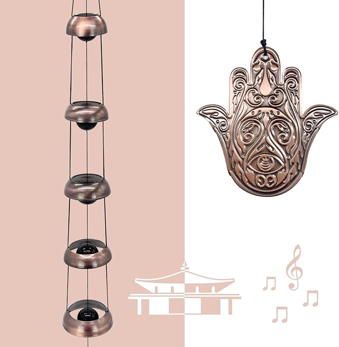 Copper Hand of God Temple Wind Chime – 5-Bell Red Copper Feng Shui Chime with Sacred Hand of God Medallion for Porch, Patio, Garden Décor & Memorial Keepsake