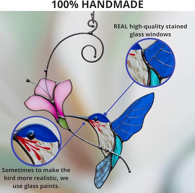 Multicolor Hummingbird Handmade Stained Glass Suncatcher Genuine Stained Glass Window Hangings Unique Indoor Ornament & Outdoor Decor (Blue Hummingbird)