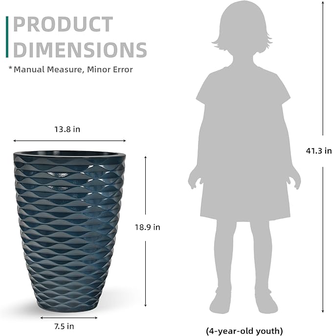 19" Resin Tall Outdoor Planters,Set of 2 Marine Round Large Flower Pot for Plants,Handmade Glossy Finish and Wave Texture,Weather-Resistant for Porch Christmas Decor,Garden, Patio or Indoor Use