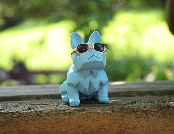 Unique Mini Geometric Dog Doggy Bulldog Figurine with Sunglasses Blue, Animal Statues, Home Garden Bar Décor Ornament