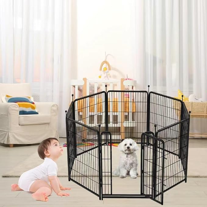 36 inch High, 8 Panels Total 17.7 Ft(L) Tall Garden Fence for Dogs, Wide Door Low Threshold Temporary Fence, Fencing for Garden Beds, Dog Fence Outdoor for Yard