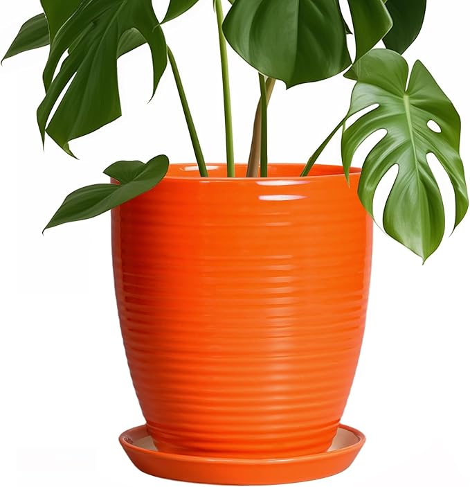 Ceramic Pots for Plants - 8 Inch Plant Pot with Drainage Hole and Saucer, Round Planter for Indoor Outdoor, Modern Flower Planters, Home Apartment Room Decor, Gardening Gifts, Orange