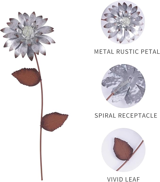 Metal Floral Garden Stake Outdoor Glow in Dark Silver Plant Pick Water Proof Metal Flower Stick Décor for Lawn Yard Patio,3 PCS