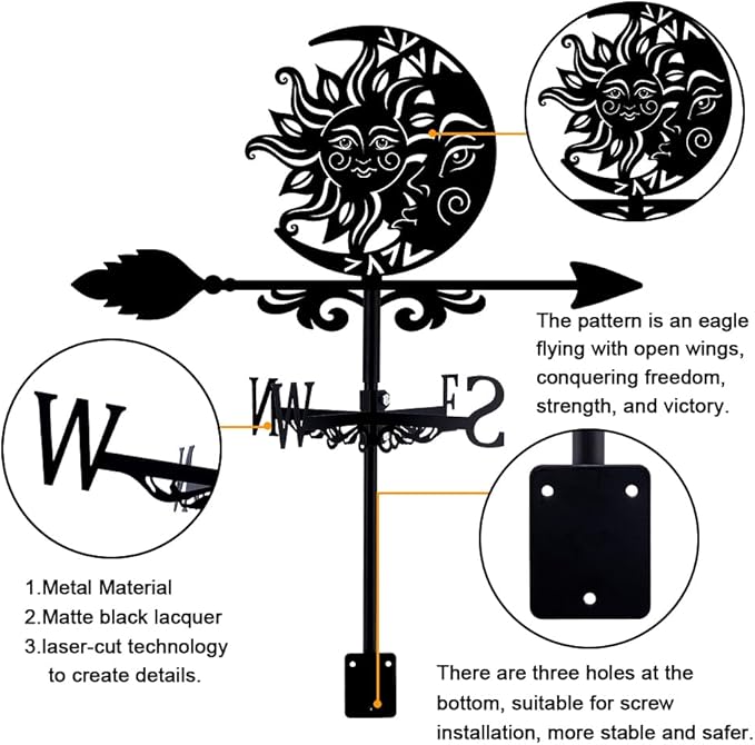 SUPERDANT Sun and Moon Weather Vane Totems Wind Vanes for Yard Metal Weathervane Roof Mount for Gardens Outside Black Weathervanes Farmhouse Farm Barn Sheds Patio Decorations Gift