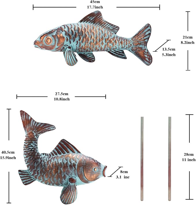 Metal Koi Fish Sculptures, Outdoor Garden Sculptures & Statues, Antique Copper Koi Pond Decor, Set of 2 Koi Fish Figurines Artwork, Garden Statue for Indoor Outdoor Patio Backyard Home Kitchen