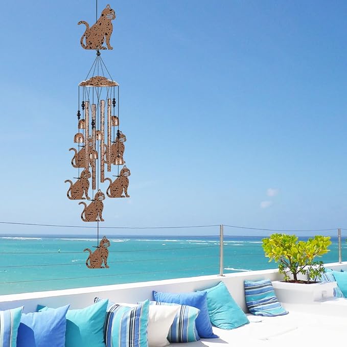 Outdoor Cats Wind Chimes Indoor Decor - Hand-Made Mobile Romantic Brown Wind Catcher, 36" Cat Wind Bells for Home, Balcony, Patio, Garden Festival Decoration, Gift for Mom(4 Tubes, 6 Bells, 7Cats)