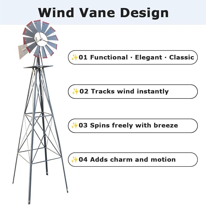 8FT Windmill for Yard Garden Decoration with Weather Vanes，Heavy Duty Outdoor Wind Mills, Large Metal Outdoor Windmill,Weather Resistant,Gray