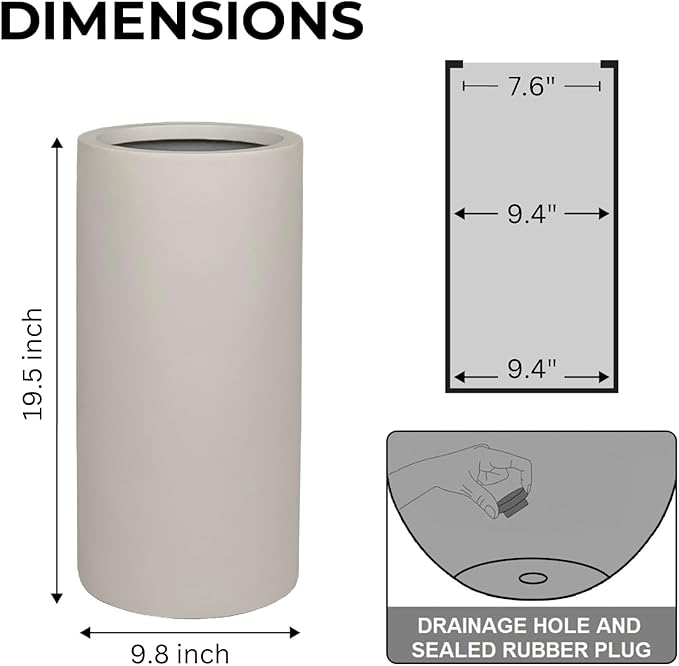 19.5"H x 9.8"D Tubo Fiberstone Cylinder Tall Planter, Christmas Tree Planter, Smooth Finishes, Weather Resistant for Indoor & Outdoor Use, Included 2 Extra Coco Mats (Taupe,8.2" Pot Opening)