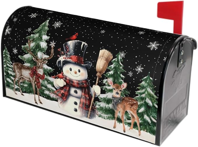 Winter Black Mailbox Covers Magnetic Standard Size 18 x 21 Inch Snowman Snowflake Reindeer Tree Letter Box Cover Outdoor Mail Wraps Cover for Garden Home Yard Decor