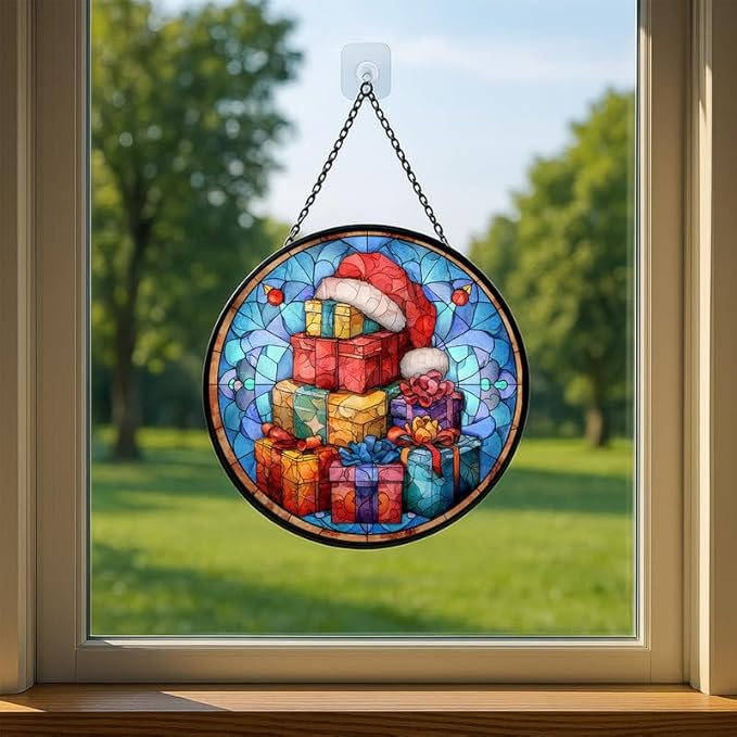 Stained Glass Window Hanging – 6.3 in Gifts with Santa Hat Panel with Chain， Bathroom Front Door Living Room Garden Decor， Gift for Mom Wife Lovers