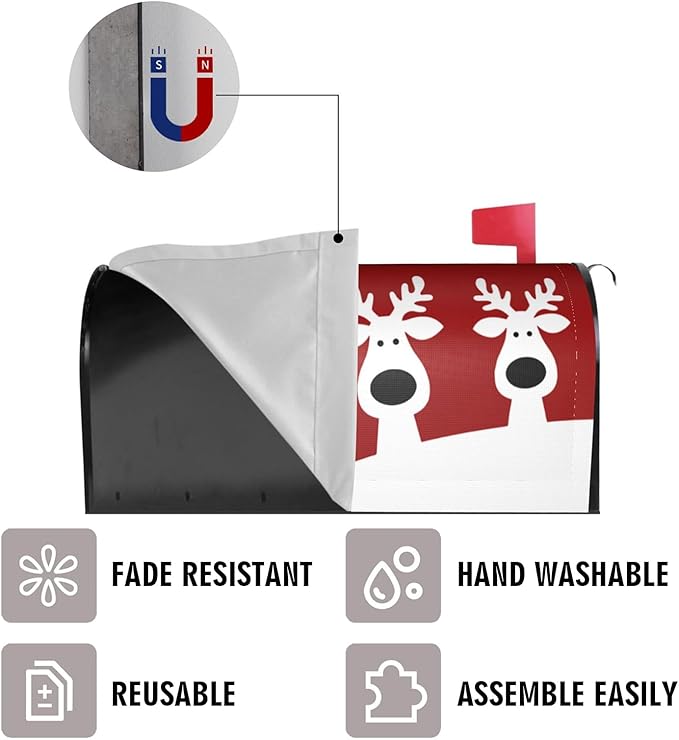 Christmas Reindeer Mailbox Cover, Xmas Elk Post Letter Red Large Size Magnetic Mailbox Cover, New Year 25.1" Lx 21" W Holiday Waterproof Outdoor Mail Wraps for Garden Yard