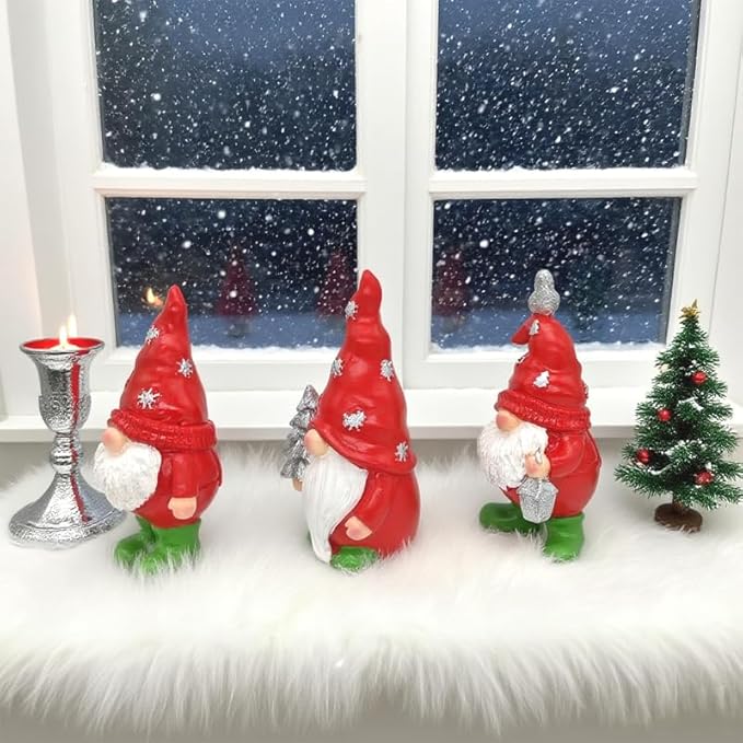 3PCS Christmas Gnome Decorations - Red & Green Holiday Gnomes with Gifts, Resin Xmas Elf Figurines for Home Decor, Shelf, Mantel, Tabletop Festive Indoor Ornaments (4.93-5.11 in)