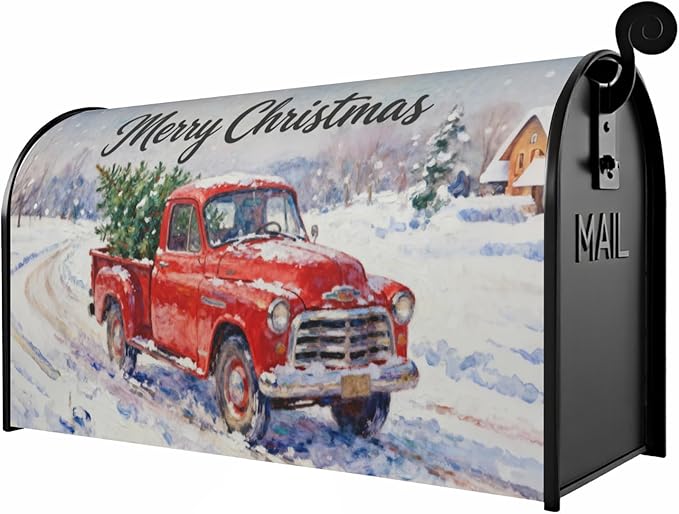 Christmas Red Truck Large Mailbox Covers Magnetic Oversized Rustic Snow Scene Xmas Tree Merry Holiday Outdoor Decorative Farmhouse Letter Box Cases for Home Garden Outside Decor, 25.5x21 Inch