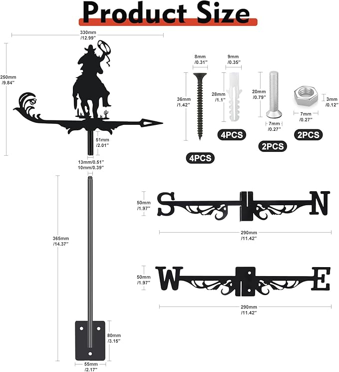 Cowboy Weather Vane, Black Metal Weathervane Roof Mount, Wind Vane Ornament Decoration for Shed Garden Yard Farmhouse Patio Decor, Wind Direction Indicators Wind Measuring Tool Outdoor