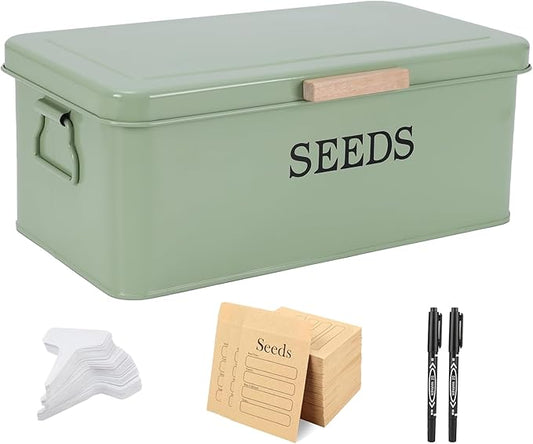 Seed Storage Organizer,Metal Seed Saving Box with Lid,4 Compartments Box with Safety Locks,Garden Supplies Container with 20 Plant Labels 50 Saving Envelopes 2 Marker Pens,Green