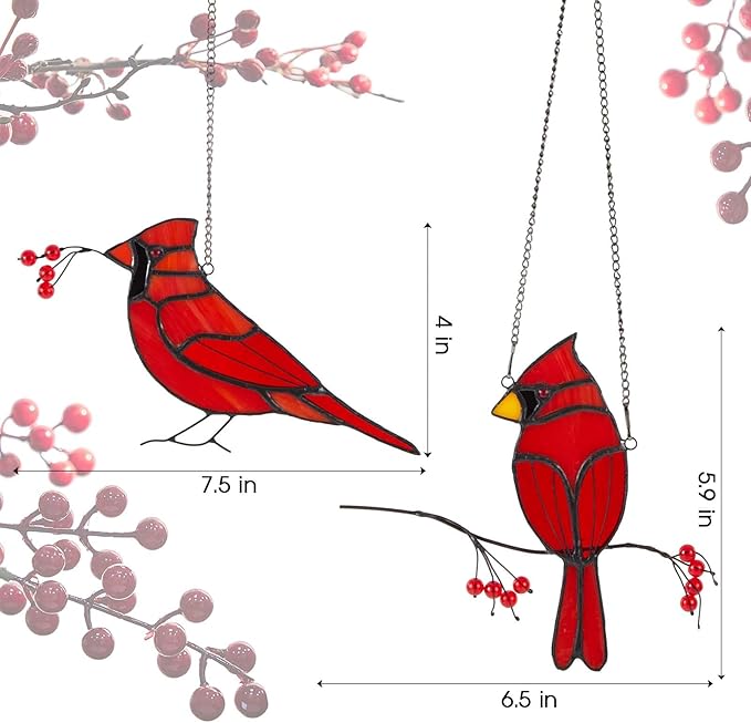 Soaoo 2 Pcs Red Cardinal Gifts for Women Stained Glass Christmas Birds Suncatcher Window Hanging Ornament Loss of Loved One Memorial Gifts for Mom Grandma Nana Housewarming