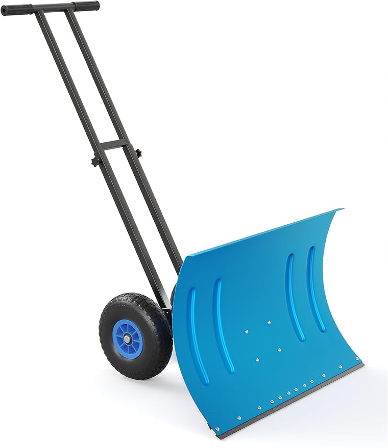 Garvee 29" Snow Pusher Shovel with Wheels,Heavy Duty Steel Snow Shovel with Wheels,Angled Blade Efficient Snow Removal With5-Position Angled Blade & Adjustable Handle for Doorway, Sidewalk, Blue