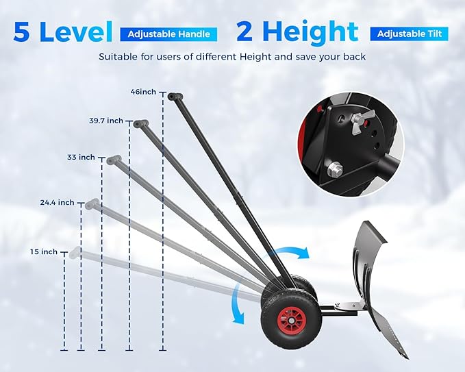 Garvee 29" Snow Pusher Shovel with Wheels,Heavy Duty Steel Snow Shovel with Wheels,Angled Blade Efficient Snow Removal With5-Position Angled Blade & Adjustable Handle for Doorway, Sidewalk,Black