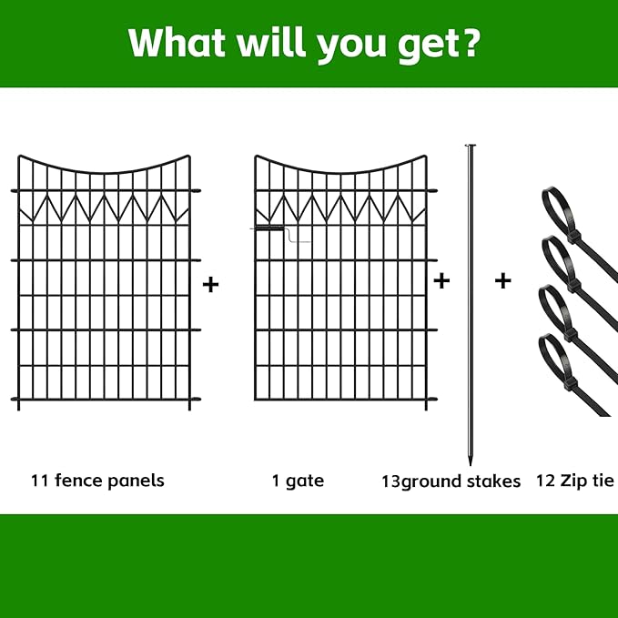 12 Panels Outdoor Dog Fence with gate, 36in(H)×27ft(L) Tall Decorative No Dig Fence | Rustproof Metal Fence Borders | Heavy Duty Reusable Defense Animal Barrier Fence for Yard, Patio, Black