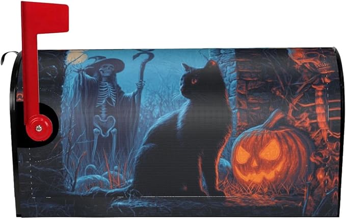 Halloween Skull Cat Mailbox Covers Magnetic Letterbox Covers 21x18 Inch for Garden Outdoor Decoration