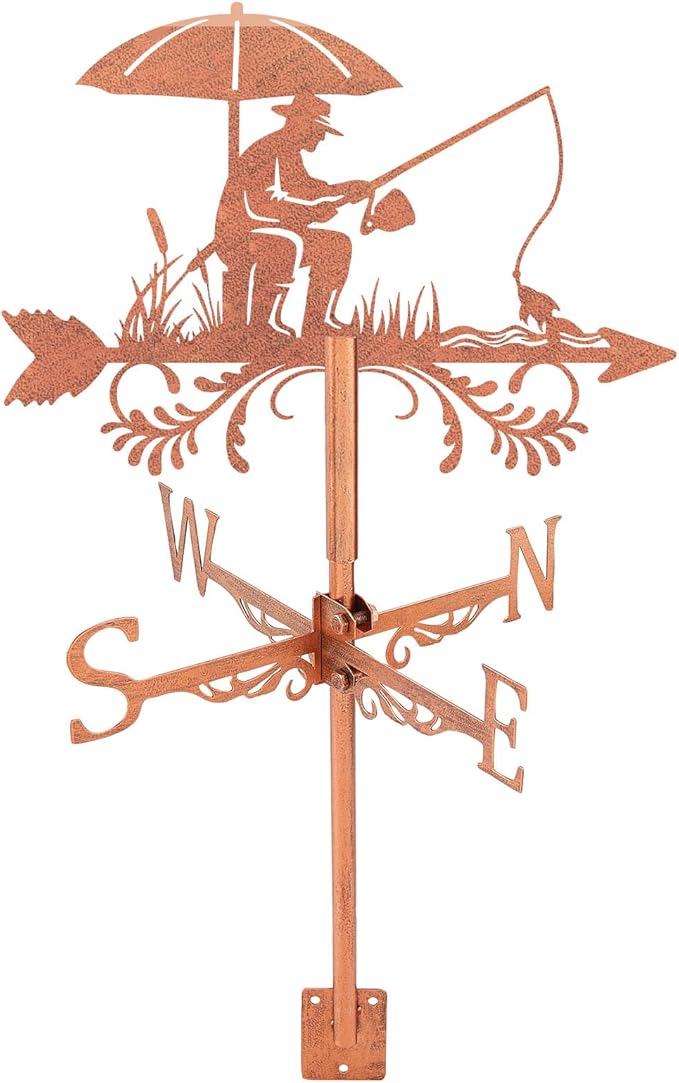 SUPERDANT Fishing Weather Vane for Roof Fish Man Metal Weathervane Bank Fishing Wind Vanes for Sheds Copper Wind Direction Indicator for Farmhouse Yard Farm Shed Garden Decoration