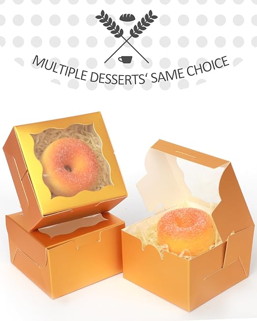 qiqee Gold Bakery Box with Window 4x4x2.5 inch 30Packs Macaron Boxes Small Donut Pastry Boxes for Party Mini Cookie Boxes